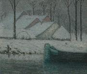 William Degouwe de Nuncques Snowy landscape with barge oil painting